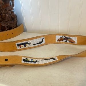 Vintage handmade glove tanned Native American leather beaded belt 42”